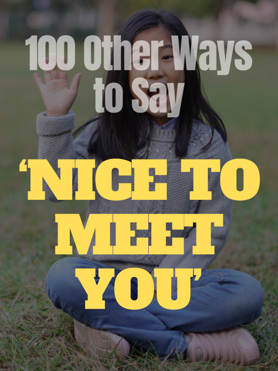 image of girl waving with overlay text '100 other ways to say nice to meet you'