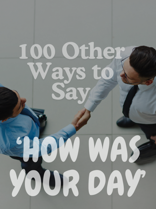 image of male collegues greeting with overlay text '1oo other ways to say how was your day'