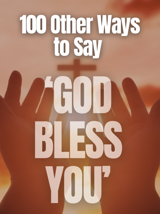 image of palms stretched towards a crioss with overlay text '100 other ways to say god bless you'