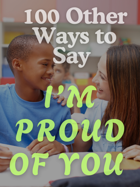 image of a mum and son with overlay text 100 other ways to say i'm proud of you